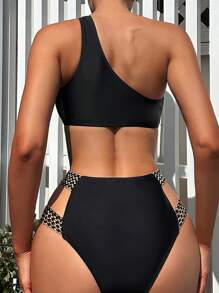 Swim DD+ 女士不对称领口比基尼套装 夏日海滩 - 黑色 - 查看 2