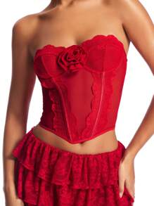SHEIN BAE Glamorous Lady'S 3d Floral Lace Patchwork Strapless Red Corset Top For Romantic Valentine's Date Night - Red - View 6