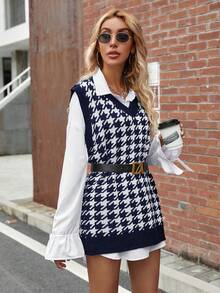 SHEIN LUNE Họa tiết Nanh sói Knit ngọn - Màu xanh lam - Xem 3