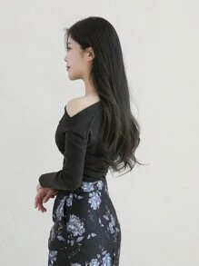 DAZY Của phụ nữ Màu thuần Bất đối xứng Vòng cổ Knit ngọn - màu đen - Xem 5