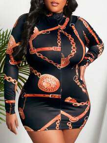 Slaydiva 大尺寸鏈條印花立領長袖修身連身裙 - 黑色 - 查看 5