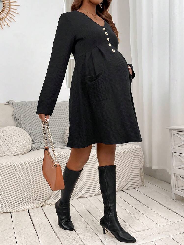 Maternity Long Sleeve V-Neck Dress