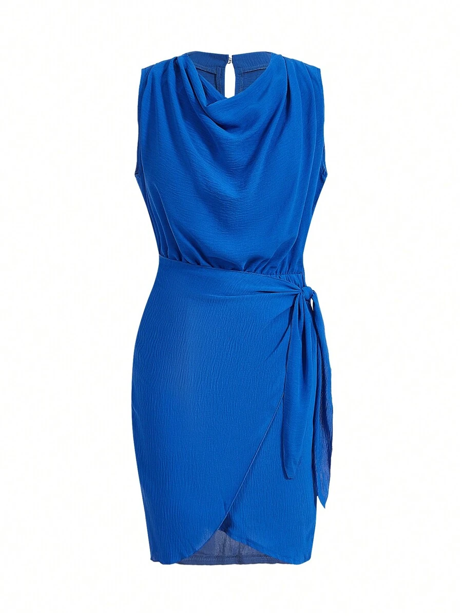 SHEIN Clasi 垂領圍裹側打結連衣裙 - 藍色 - 查看 1