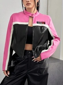 SHEIN EZwear Plus Size Color Block Zipper Front Motorcycle Jacket - Hot Pink - View 1