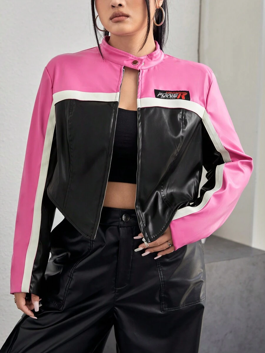 SHEIN EZwear Plus Size Color Block Zipper Front Motorcycle Jacket - Hot Pink - View 1