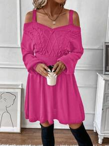 Chiquease Solid Color Open Shoulder Batwing Sleeve Sweater Dress Fall Cloth For Women - Hot Pink - View 6