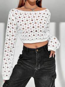 SHEIN Unity 女士船领镂空针织套头衫秋冬毛衣 - 白色 - 查看 5