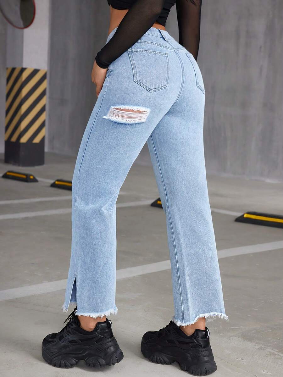 SHEIN ICON 女仿舊破洞下擺牛仔褲 - 淺色水洗藍 - 查看 1