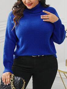 Calvaya Women's Plus Size High Neck Solid Color Raglan Sleeve Sweater - Blue - View 4