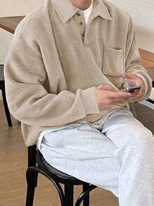 DAZY Men's Half Button Collarless Patch Pocket Sweatshirt Fall,Winter - Beige - View 5