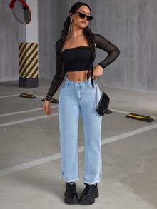 SHEIN ICON 女仿舊破洞下擺牛仔褲 - 淺色水洗藍 - 查看 3