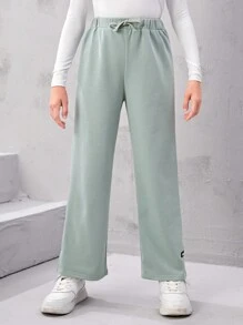 SHEIN Tween 女孩針織高開衩附標籤休閒慢跑褲 - 薄荷綠 - 查看 5