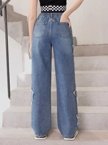 少女時尚星星貼片設計水洗牛仔直筒褲 - 中等水洗藍 - 查看 2