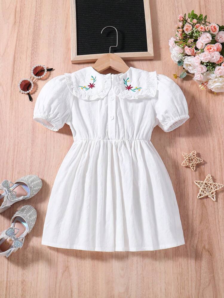 Young Girl Floral Embroidery Statement Collar Puff Sleeve Dress