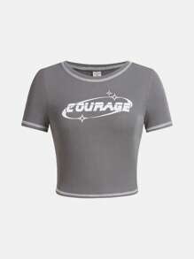 SHEIN Juego De Dos Piezas Para Adolescentes, Polera Tejida Con Estampado De Letra Y Pantalones Largos Con Estampado De Estrellas