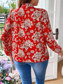SHEIN Franclia 大碼女士花卉印花系領襯衫 - 紅色 - 查看 3