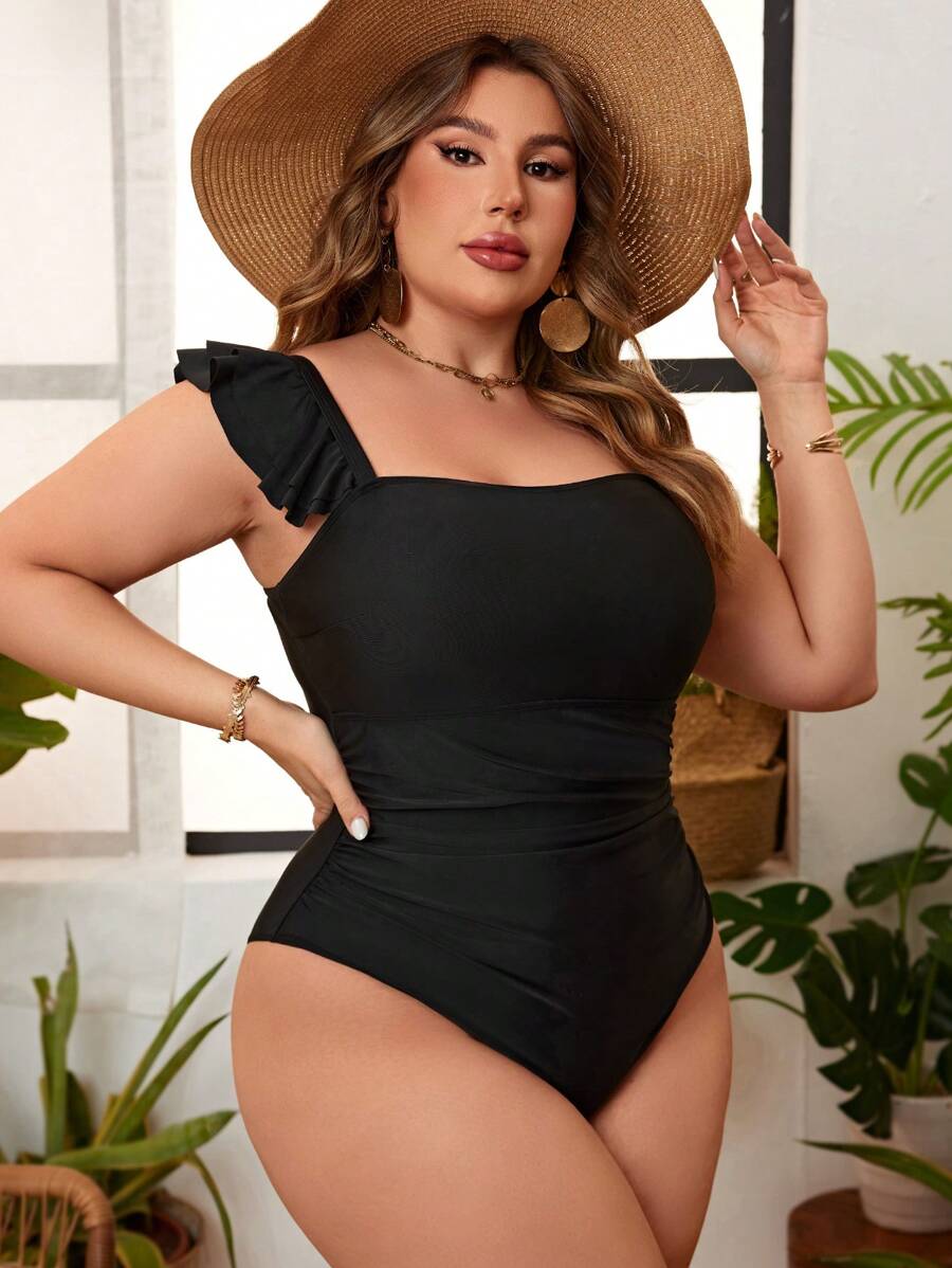 SHEIN Swim Curve Summer Beach Plus Size Solid One-Piece Swimsuit Music Festival