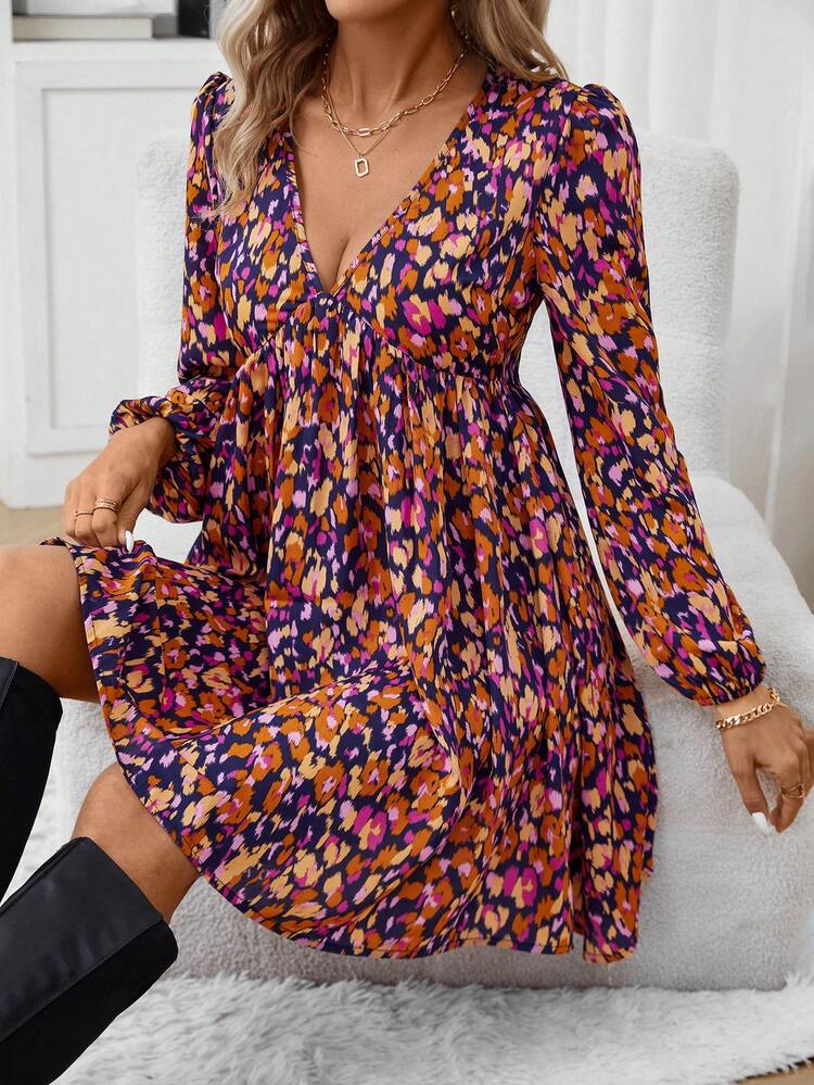 Women's Printed Lantern Sleeve Dress Winter Casual