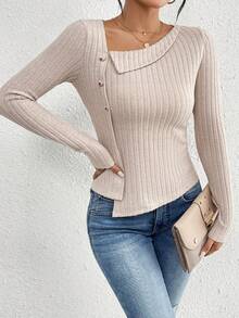 SHEIN Frenchy 女士純色肋織釦紋細節不對稱領t恤 - 杏色 - 查看 3