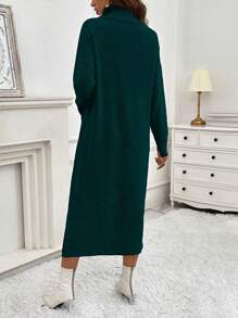 SHEIN LUNE 女士單色高領蝙蝠袖毛衣連衣裙,側開衩設計 - 墨綠色 - 查看 2