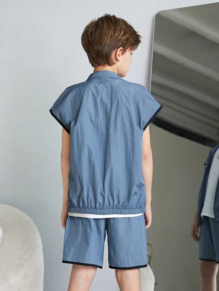 Tween Boys' Loose Fit Casual Vest, Shorts, And Weaved Tape Colorblocked Tank Top 3pcs Set