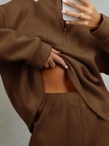 SHEIN Essnce 女款純色半拉鍊連帽衫與慢跑褲套裝 - 咖啡棕 - 查看 5