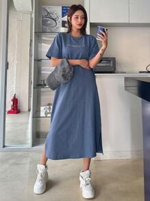 DAZY 女士宽松字母印花圆领开衩连衣裙太阳裙