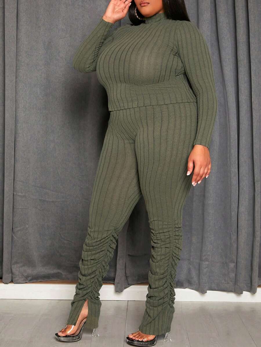 Slaydiva Plus Size Solid Color Long Sleeve Tight-Fitting Casual Two-Piece Set - Army Green - View 1