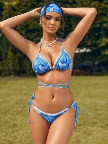 SHEIN Swim Summer Women'S Printed Splice Halter Separated Bathing Suit - Multicolor - View 1
