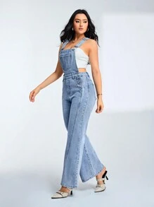 SHEIN Privé Women Light Blue Water Washing Wide Leg Denim Overalls - Medium Wash - View 5