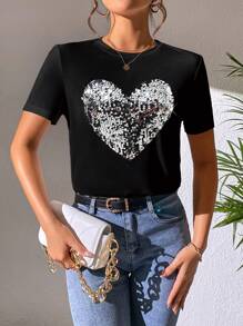 SHEIN Essnce 女式拼布亮片心形图案短袖 T 恤图案 T 恤女式上衣 - 黑色 - 查看 1