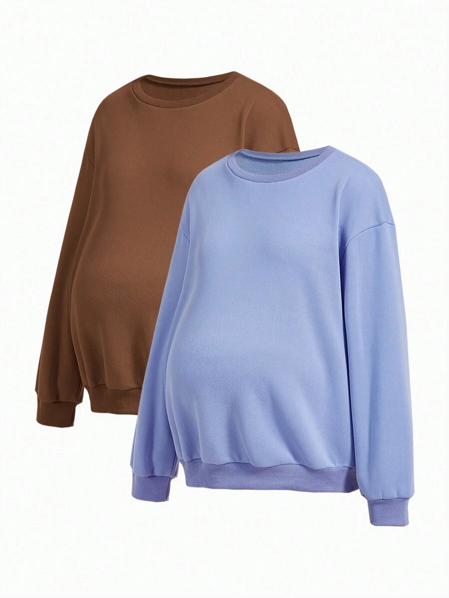 SHEIN Maternity Round Neck Drop Shoulder Long Sleeve Sweatshirt, For Winter - Multicolor - View 1