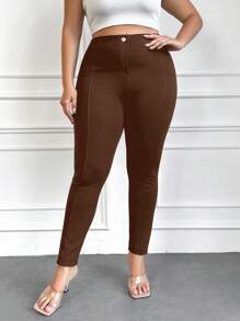 SHEIN Cottnline Women's Plus Size High Waist Solid Color Skinny Pants - Coffee Brown - View 4