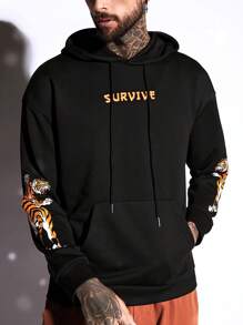 Manfinity VCAY Loose Men's Hooded Casual Sweatshirt With Tiger & Letter Print And Drawstring