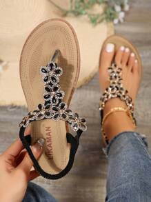 Women'S Flower Design Rhinestone Decor Thong Flat Sandals With Drop Oil Buckle