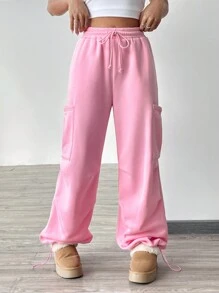 SHEIN EZwear 女性實色束口腰帶口袋寬腿鬆身健身褲 - 粉色 - 查看 7
