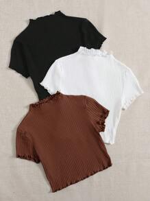 SHEIN EZwear 女款波浪邊短袖t恤 - 棕色 - 查看 3
