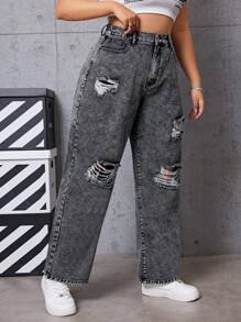 SHEIN EZwear Women's Plus Size Ripped Straight Leg Boyfriend Jeans - Black - View 6