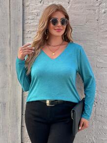 SHEIN LUNE 女款大尺寸 V 領扣裝飾 T 卹 - 軍綠色 - 查看 1