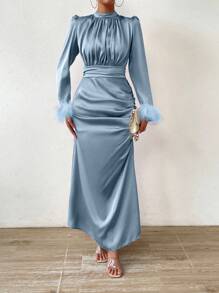 Rafferiza Fuzzy Sleeve Cuff & Pleated Detail Satin Bodycon Dress Maxi Women Outfit Fall Cloth For Women - Light Wash - View 5