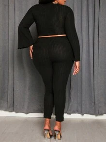 Slaydiva 大尺碼不對稱下擺飄擺袖t恤和緊身褲套裝 - 黑色 - 查看 4