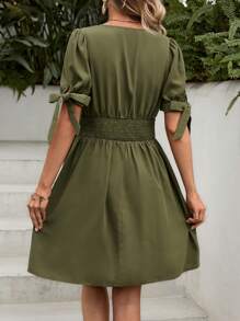 SHEIN Maternity Tie Sleeve & Shirred Waist Dress - Army Green - View 2