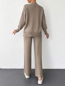 Cloudara 2pcs/set Women's Solid Color Round Neck Drop Shoulder Sweater And Knitted Straight Pants - Krem - View 2
