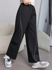 SHEIN Boys' Loose Fit Athleisure Wide Leg Pants With Letter Patch - Black - View 5