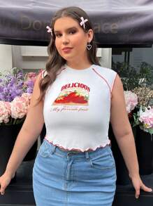 SHEIN EZwear 大尺碼女士草莓圖案蕾絲邊背心，適用於夏季 - 白色 - 查看 1