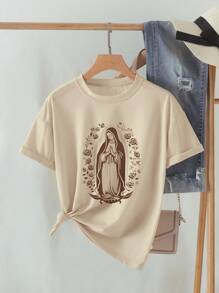 INAWLY Virgin Mary Pattern Round Neck T-Shirt Graphic Tees Women Tops - Khaki - View 2