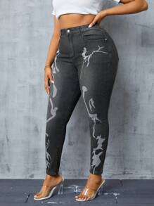 SHEIN SXY Kích thước lớn Của phụ nữ In Thon gọn Quần jean - màu đen - Xem 6