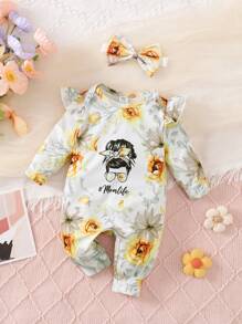 2入組嬰兒女童優雅卡通花卉角色和眼鏡印花圓領長袖連身褲和髮箍 - 彩色 - 查看 1