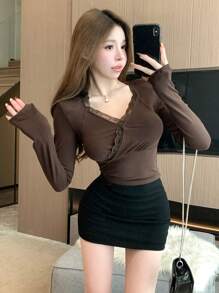 DAZY Lace Spliced Long Sleeve T-Shirt For Women,Fall Clothes