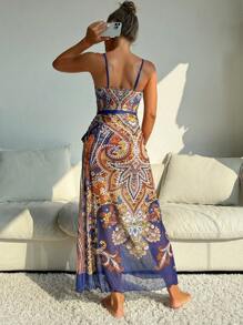 SHEIN Swim Oasis 佩斯利印花連身泳衣+打結泳裙 音樂節 - 彩色 - 查看 4
